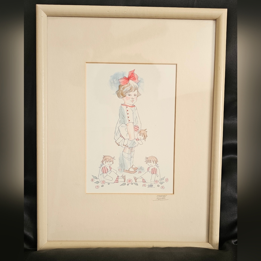 Vintage Dorothy Klyver Watercolor Painting Girl W Dolls Signed Frame